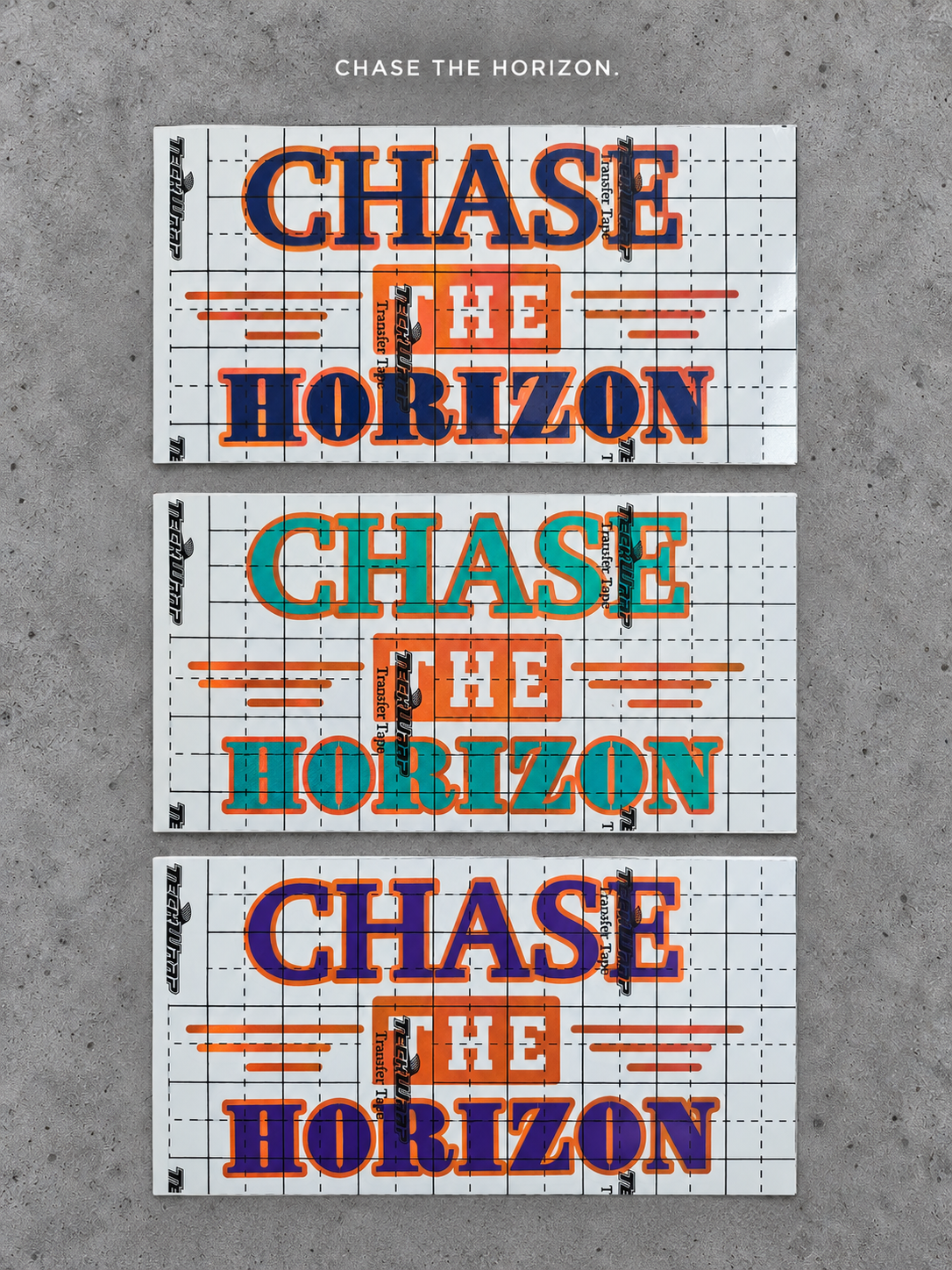 Chase the Horizon vinyl decal in blue, green and purple with orange outlines on grey concrete