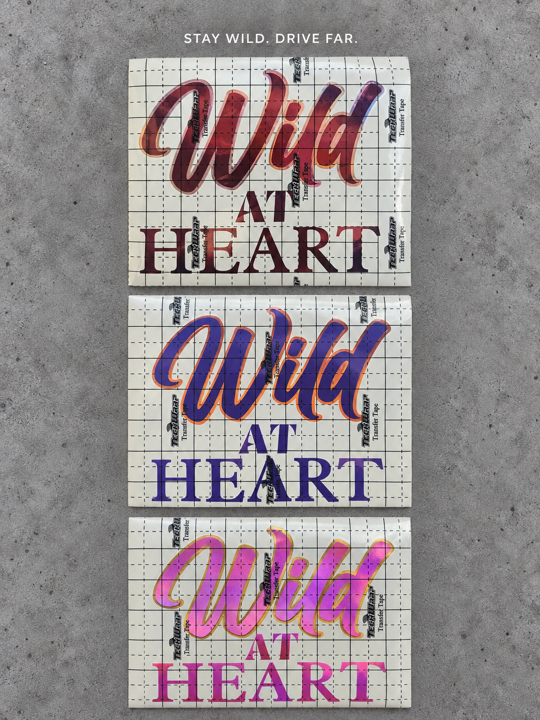 Wild at Heart vinyl decal in wine red, glossy purple and royal pink with contrasting outlines on grey concrete